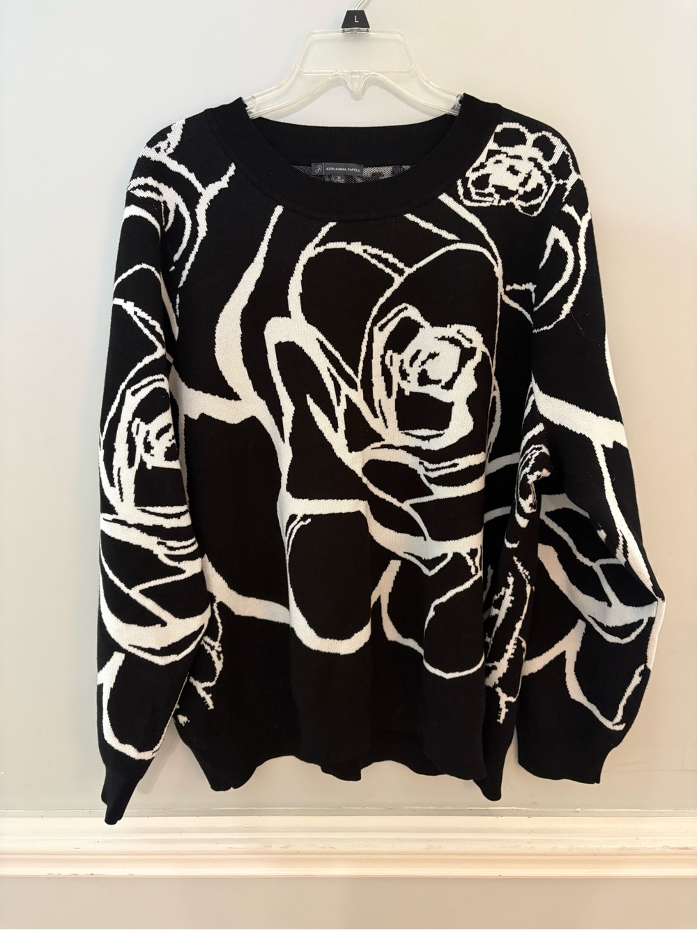 Adrianna Papell 3X Black White Floral Intarsia Knit Sweater Plus Size monochrome
